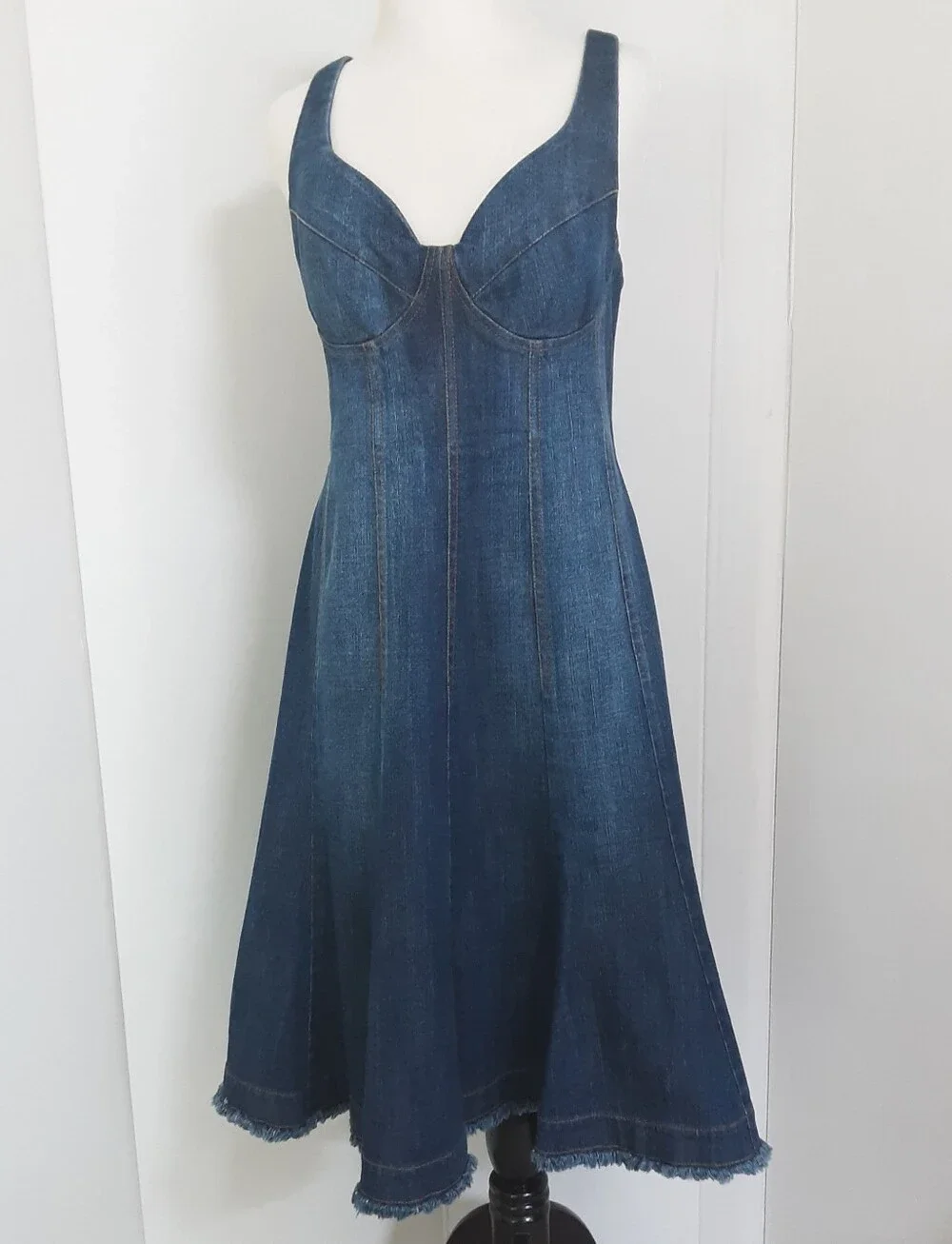 Heavy Dark Wash Denim Fit-N-Flare Structured Sweetheart Bust Dress Sz 10 - NWOT - Picture 1 of 9